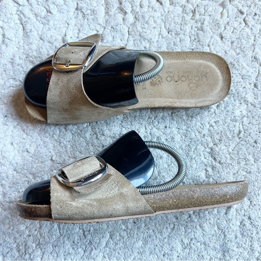 Yokono: Beige Tan Suede Silver Hard Vamp Strap Wear Slip On Sandals Size 8